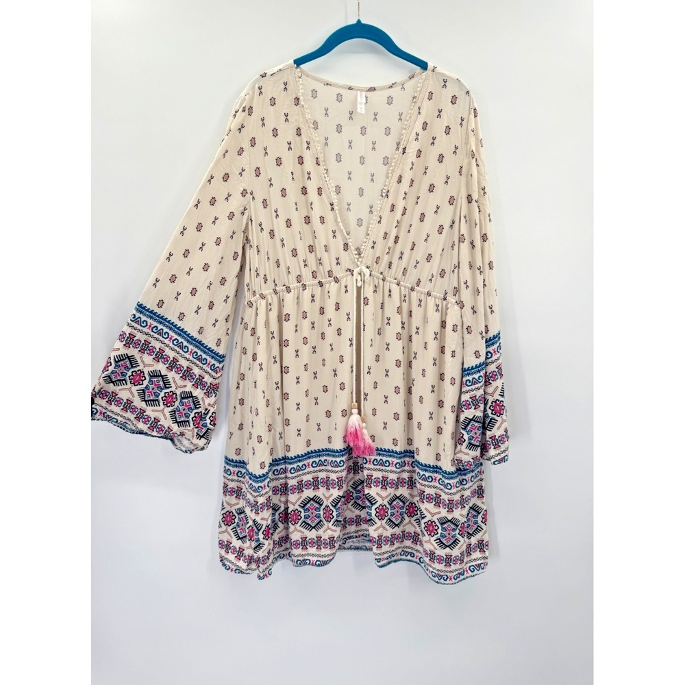 Xhilaration Boho Floral Tunic Dress Swim Cover Up XXL 2XL Lined Deep V Beachy